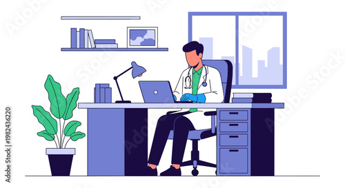 Doctor working on laptop at desk in office illustration depicting telemedicine and digital healthcare consultation professional man in white coat sitting at workplace with plant books and window.