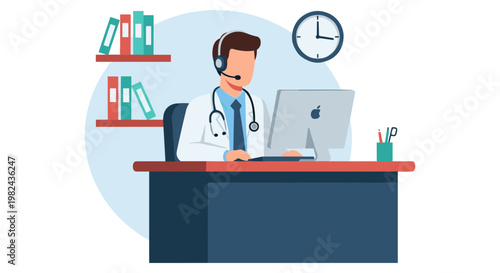 Medical professional wearing headset for online consultation illustration showing male doctor at computer desk with clock and folders providing remote health support services in modern office space.