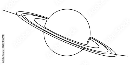 Minimalist single continuous line drawing of the planet saturn with its iconic planetary rings.