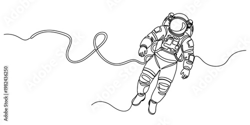 A continuous line drawing of an astronaut floating in deep space attached to a long safety tether