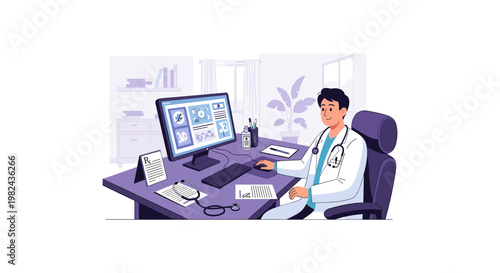 Young male doctor using computer mouse at office desk with medical records and prescription papers flat vector illustration of smiling healthcare professional working in bright clinic interior room.