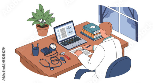Medical professional sitting at wooden desk with laptop and diagnostic tools in private clinic office flat vector illustration seen from high angle view showing books and stethoscope and plant pot.