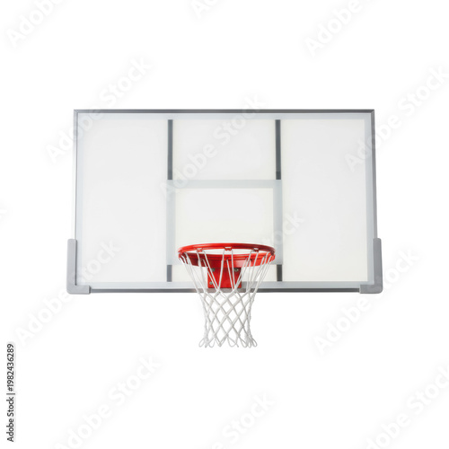 A modern basketball backboard with a polished silver frame, transparent white surface, red hoop and white net in a white studio sleek sports equipment concept