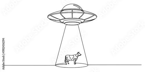 A simple black and white line drawing of a flying saucer abducting a cow from a flat landscape