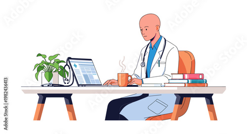 Bald male doctor in white lab coat sitting at desk using laptop computer with medical application open while drinking coffee from mug next to green potted plant and stack of textbooks on table.
