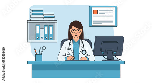 Female physician wearing glasses and white coat sitting at blue office desk writing notes on tablet with computer monitor and bookshelf filled with binders and medical records in background wall.
