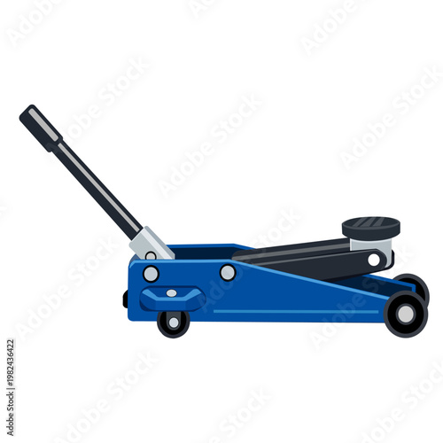 Vector illustration of hydraulic floor jack with handle and wheels, industrial tool for automotive lifting, perfect for design and technical backgrounds.