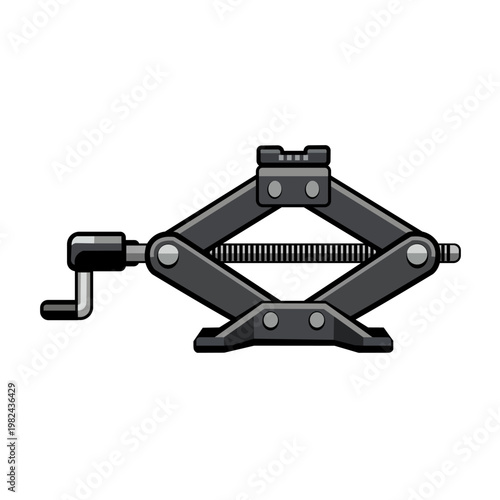Vector illustration of scissor jack with crank handle, mechanical lifting tool for automotive repair, perfect for design and technical backgrounds.