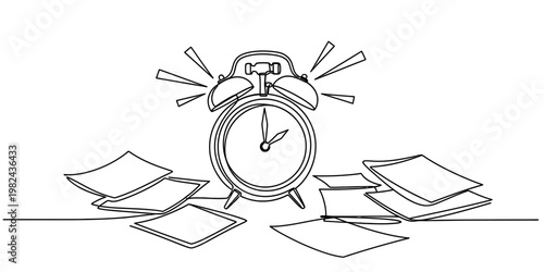 A single line drawing of a ringing alarm clock surrounded by piles of messy paper on a desk