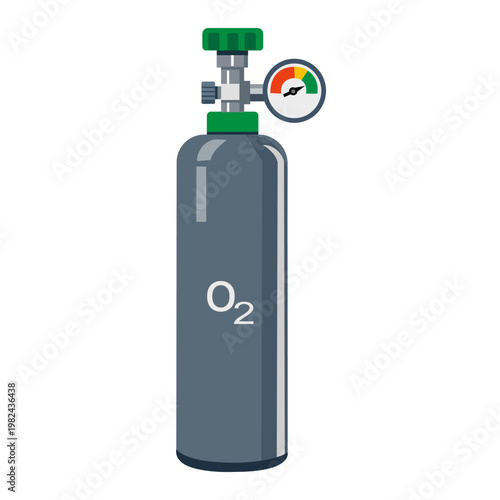Vector illustration of oxygen cylinder with valve and pressure gauge, industrial and medical equipment for safe gas storage, perfect for design and technical backgrounds.