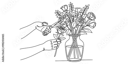 A detailed line art illustration showing a pair of hands trimming stems for a flower bouquet
