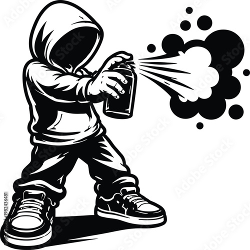 Graffiti artist character in hoodie using spray paint, urban street art vector, black and white stencil illustration