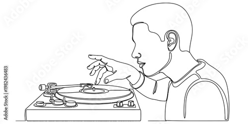 A continuous line drawing of a young person focused on playing music with a vinyl turntable deck