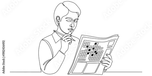 A single continuous line drawing of a person thinking while focused on solving a crossword puzzle