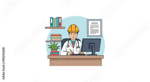 Medical professional wearing yellow safety hard hat at office desk with computer and books representing industrial medicine occupational health and safety officer vector illustration design concept.