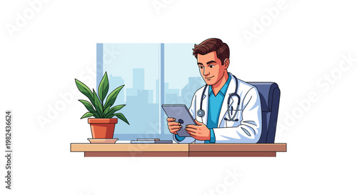 Smiling young doctor sitting at modern office desk holding digital tablet device for patient records and telemedicine services with bright window background vector illustration graphic design art.