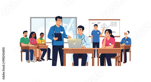 Diverse medical professionals in classroom for healthcare training session learning medical knowledge from instructor using laptop and presentation screen.