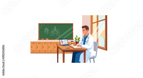 Doctor studying medical information on laptop computer with anatomical diagrams of lungs and heart on blackboard in classroom.