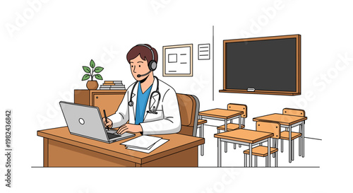 Doctor wearing headset with microphone communicating online via laptop computer in classroom setting with empty desks.