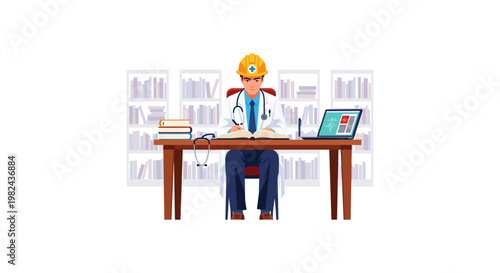 Engineer doctor hybrid professional wearing yellow safety hard hat and white lab coat sitting at desk with laptop and stethoscope studying textbooks in modern library with white bookshelves area.