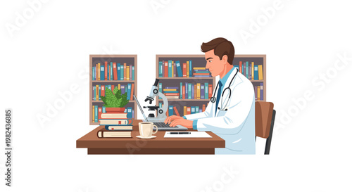 Portrait of young male doctor in white lab coat working at office desk with microscope and laptop computer against backdrop of bookshelves filled with medical literature and academic library books.