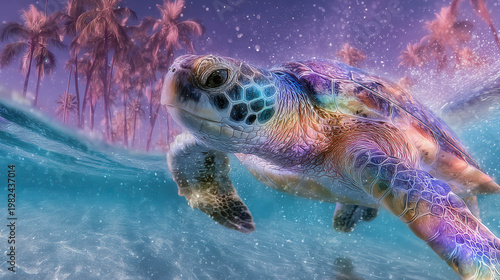 Sea turtle glides through turquoise water. Purple-tinted palm trees rise behind the surface. Water droplets sparkle around the turtle's shell. Its skin glows with rainbow hues under soft light