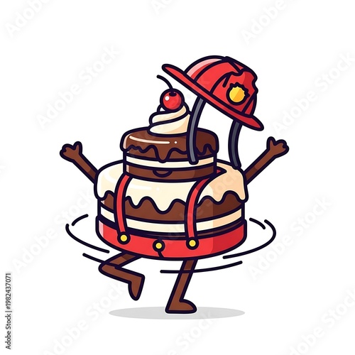 Animated two-layer dessert with cream, a cherry, and a firefighter helmet, walking and spinning with suspenders