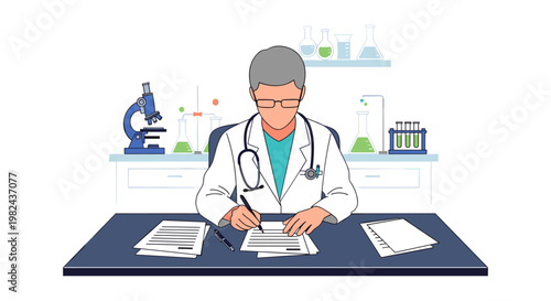 Senior doctor or scientist writing on documents at office desk with laboratory equipment background vector illustration professional medical expert analyzing reports or research papers and data.
