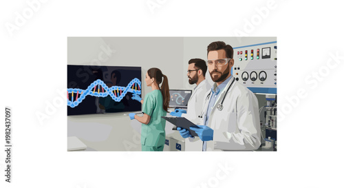 Medical team analyzing dna structure in modern high tech laboratory vector illustration professional doctors and researchers performing genetic engineering and molecular biology study together.
