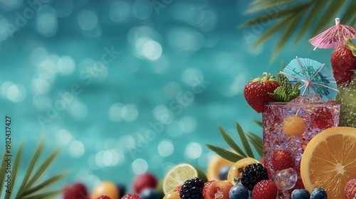 Tropical fruit gleams beside a refreshing drink. Colorful berries and citrus slice the foreground. Tiny umbrella adds playful charm. Blurred turquoise water suggests a serene beach