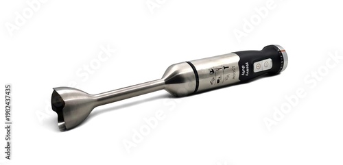 Photo of a professional 1500W stainless steel immersion heavy-duty hand blender, isolated on white background.