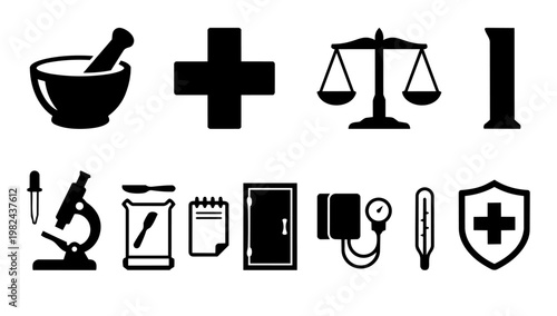 Pharmacy Tools Icons Set, Pharmaceutical Equipment and Medical Symbol Silhouettes Collection