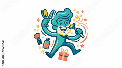 Happy Man Grooming with Shaving Tools