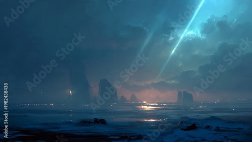 Coastal Serenity: Under the dark, ominous skies, the ocean whispers secrets to the shore, offering a vista of both beauty and trepidation. The dramatic sky casts a spotlight upon the sea.