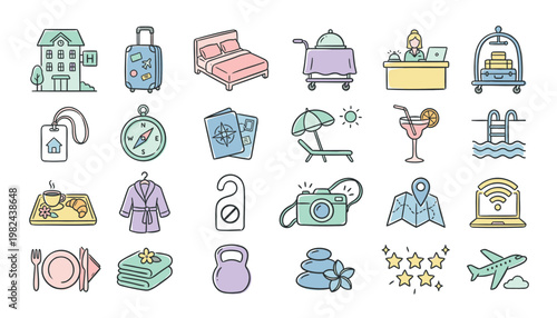 Colorful travel and leisure icons set.