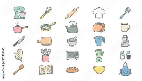 Colorful kitchen utensils and appliances icons.