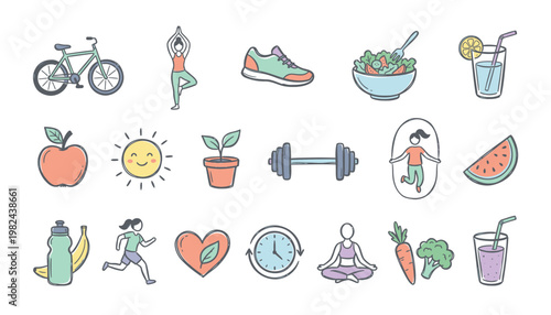 Healthy lifestyle icons with fitness and nutrition symbols.
