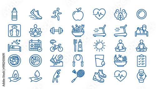 Collection of line icons for healthy lifestyle and wellness.