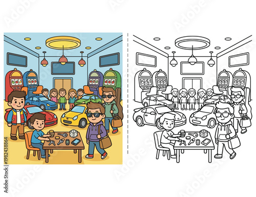 Coloring page showing a casino interior with slot machines, cars, and people gambling.