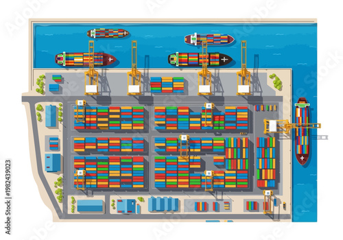 Aerial view of a busy shipping port with cargo ships, cranes, and containers