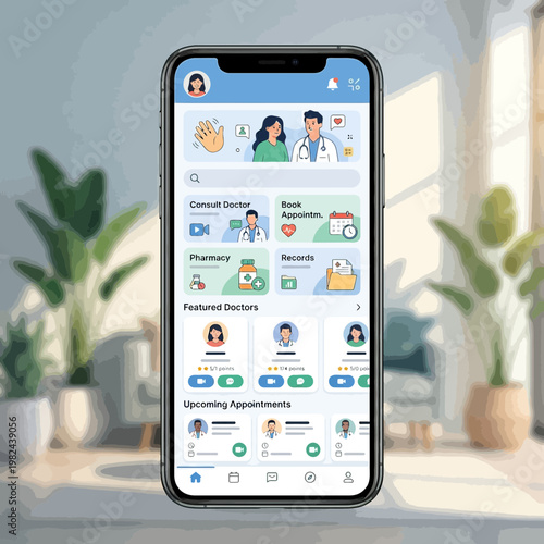 A smartphone displays a healthcare app interface in a modern living room with plants and a window.