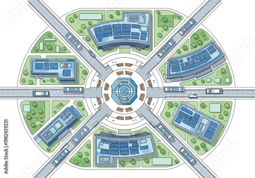 Urban Planning Aerial View A Circular City Layout with Buildings and Transportation