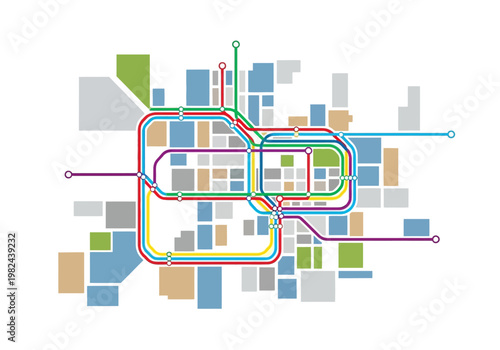 Abstract city map with colorful subway lines and buildings in a flat design style, representing urban planning and transportation networks