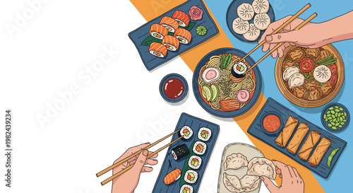 Asian Food Composition with Ramen Sushi Dim Sum and Gyoza Flat Vector Illustration for Menu Background