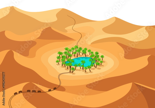 A vibrant desert oasis teeming with life, a lush green paradise amidst vast golden sand dunes