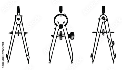 Three black and white drawing compasses set. Architecture engineering tool.