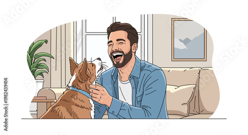 Man plays with dog in living room during afternoon