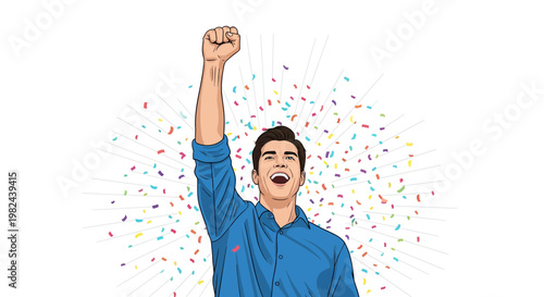 Person celebrating with raised fist and confetti in the background at a joyful event or occasion