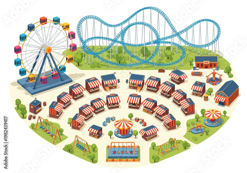 Amusement park with rides, food stalls, and games, viewed from above