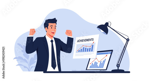 Businessman celebrates achievements while reviewing growth charts at his desk during working hours